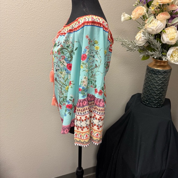 Umgee USA Boho Floral Peasant Top Small Off Shoulder 3/4 Sleeve Festival Spring - Picture 2 of 7